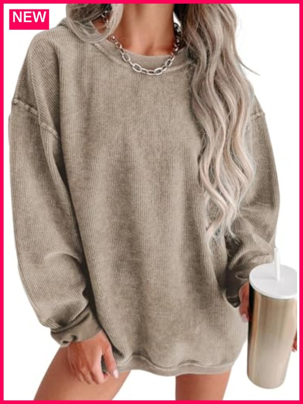 Oversized Crewneck Sweatshirt Ribbed Long Sleeve Pullover Casual Top